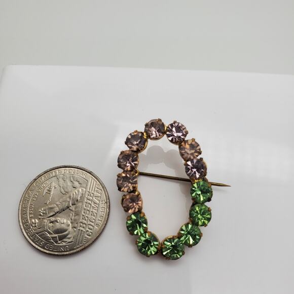 Peridot & Amethyst Rhinestone Brooch Gold Tone Glass Antique Pin Circle Wreath - Picture 6 of 6